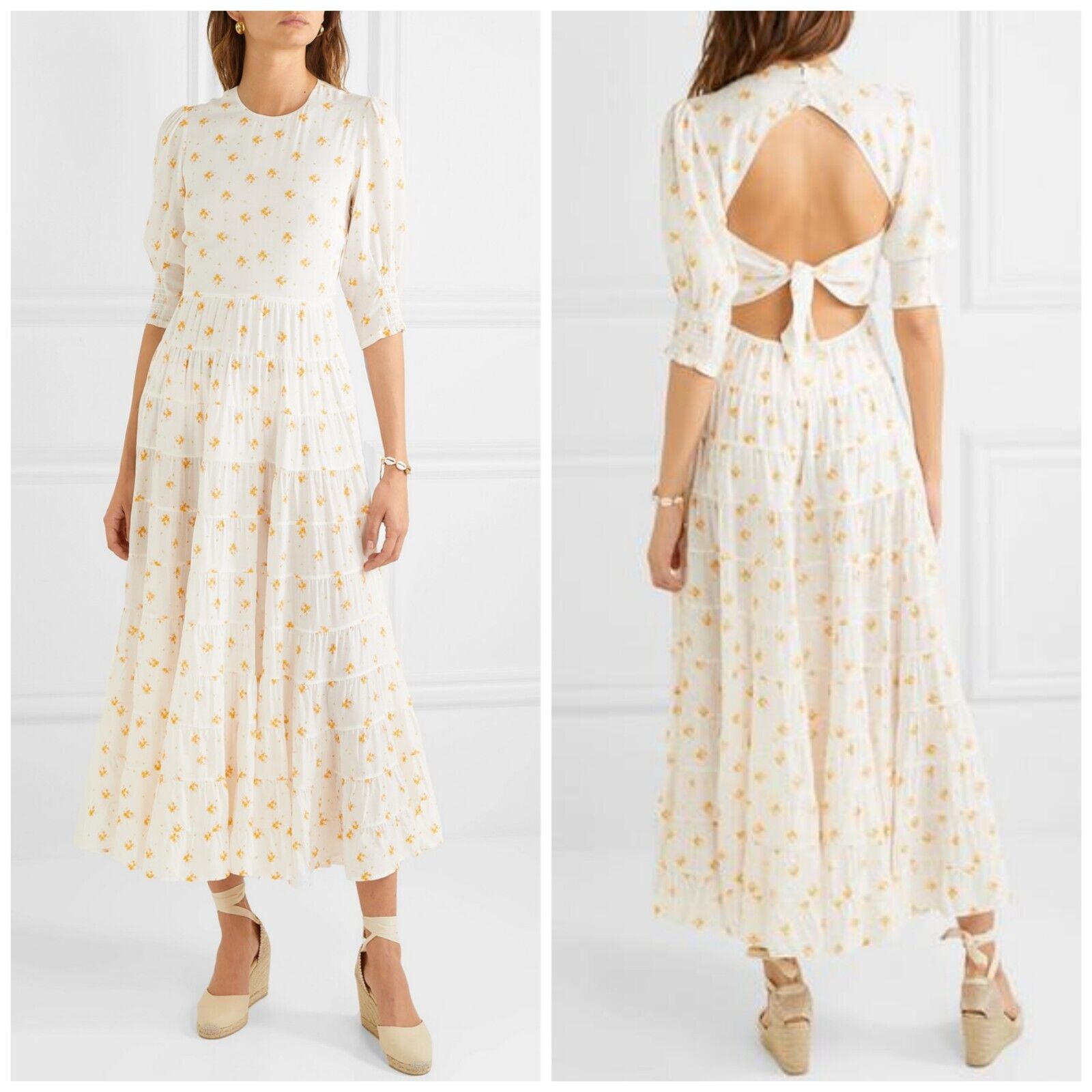 Rixo London Agyness Floral Tiered Open Back Midi Dress $475 Xs